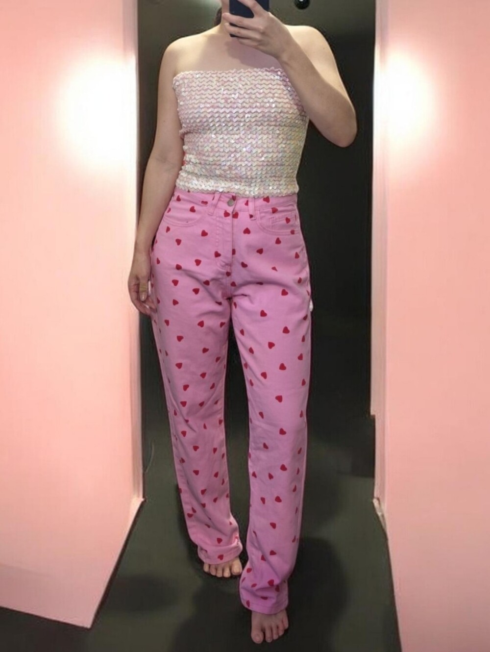 EARLY SHEIN Pink with Red Heart Print Denim xs